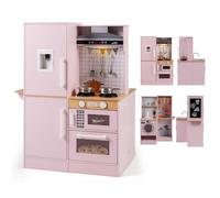 COSTWAY Cuisine Enfant Double Face avec Distributeur d'eau et Tableau Noir, Jeu de Cuisine avec Hotte, Machine à Laver, Lumières et Sons Réels, Étagères, Jeu d'Imitation pour Enfant de 3 Ans+ (Rose)