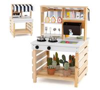 COSTWAY Cuisine Enfant Double Face avec Réservoir à Eau & Evier Amovible, Jeu de Cuisine en Bois avec Auvent & 6 Accessoires, Jouet d'Imitation pour Enfants de 3 Ans+, 58x56x87cm (Naturel)