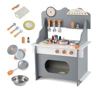COSTWAY Cuisine Enfant en Bois avec 11 Accessoires et Horloge, Jeu de Cuisine avec Évier et Robinet et Four, Étagère, Dispositif Anti-basculement, Jeu d'Imitation pour Enfant de 3 Ans+ (Gris)