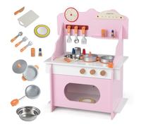 COSTWAY Cuisine Enfant en Bois avec 11 Accessoires et Horloge, Jeu de Cuisine avec Évier et Robinet et Four, Étagère, Dispositif Anti-basculement, Jeu d'Imitation pour Enfant de 3 Ans+ (Rose)