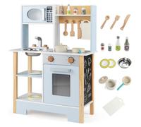 COSTWAY Cuisine Enfant en Bois avec 13 Accessoires et Tableau Noir, Jeu de Cuisine avec Évier et Robinet et Four, Étagère, Dispositif Anti-basculement, Jeu d'Imitation pour Enfant de 3 Ans+