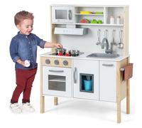 COSTWAY Cuisine Enfant en Bois avec 18 Accessoires & Sonore, Jeu de Cuisine Bois Enfant avec Machine à Glaçons & Micro-Ondes, Dispositif Anti-basculement, Jouet d’Imitation pour 3-6 Ans