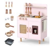 COSTWAY Cuisine Enfant en Bois avec Distributeur de Glace, 11 Accessoires, Jeu de Cuisine avec Cuisinière et Évier, Étagères et Armoire et Porte-Serviettes, Jeu d'Imitation pour 3 Ans+ (Rose)