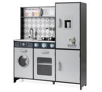 COSTWAY Cuisine Enfant en Bois avec Effets Sonores et Lumières, Cuisinière Enfant avec Machine à Laver et Micro-Ondes, Machine à Glaçons, Jouet de Simulation pour Tout-Petits de 3 Ans+ (Gris)