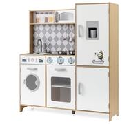 COSTWAY Cuisine Enfant en Bois avec Effets Sonores et Lumières, Cuisinière Enfant avec Machine à Laver et Micro-Ondes, Machine à Glaçons, Jouet de Simulation pour Tout-Petits de 3 Ans+ (Naturel)