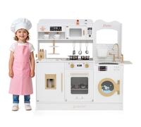 COSTWAY Cuisine Enfant en Bois avec Lumière & Effet Sonore, Jeu de Cuisine avec 25 Accessoires & Micro-Ondes, Machine à Café & Machine de Glaçons, Jeu d'Imitation pour Enfants de 3 Ans+ (Blanc)