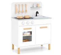 COSTWAY Cuisine Enfant en Bois avec Lumière & Son & 10 Accessoires, Jeu de Cuisine Enfant avec Évier Amovible & Poêles Double, Espace de Rangement, Jeu de Rôle pour Enfant de 3 Ans+ (Blanc)