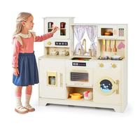 COSTWAY Cuisine Enfant en Bois avec Machine à Café et Distributeur de Glace, Jeu de Cuisine avec Évier et Robinet, Four, Machine à Laver, 14 Accessoires, Étagères, Jeu d'Imitation pour 3 Ans+