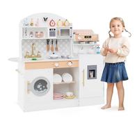 COSTWAY Cuisine Enfant en Bois avec Machine à Café & Machine à Glaçons, Jeu de Cuisine Enfant avec Horloge & Micro-Ondes, 26 Accessoires & Espace de Rangement, Jeu d’Imitation pour 3 Ans+ (Blanc)