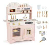 COSTWAY Cuisine Enfant en Bois avec Machine à Glaçons, 17 Accessoires, Jeu de Cuisine avec Cafetière et Évier, Four, Micro-Ondes, Étagères et Armoire, Jeu d'Imitation pour 3 Ans+ (Rose)