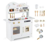 COSTWAY Cuisine Enfant en Bois avec Machine à Glaçons, 17 Accessoires, Jeu de Cuisine avec Cafetière et Évier, Four, Micro-Ondes, Étagères et Armoire, Jeu d'Imitation pour 3 Ans+ (Blanc)
