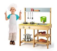 COSTWAY Cuisine Enfant en Bois avec Réservoir à Eau 700 ML & Robinet, Jeu de Cuisine Extérieur avec Bouton Rotatif, Etagère Amovible, Jouet de Simulation pour Enfants de 3-8 Ans