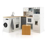 COSTWAY Cuisine Enfant en Bois avec Sons et Lumière Réels, Jeu de Cuisine Bois Enfant avec Machine à Laver & Tabouret, Cafetière & Distributeur d'eau, Jeu d'Imitation pour Garçon Fille de 3 Ans+