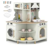 COSTWAY Cuisine Enfant en Bois avec Sons & Lumières & Système de Circulation d'eau, Cuisine Enfant d'angle avec Micro-Ondes & Machine à Laver, Jeu d'Imitation pour 3 Ans+, Beige