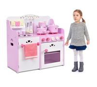 COSTWAY Cuisine Enfant Rose avec Motif de Fleurs & Bouton en Forme Fraise, Jeu de Cuisine en Bois Enfant avec Bouilloire & 2 Pots, 13 Accessoires, Évier Amovible & Espace de Rangment pour 3 Ans+