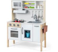 COSTWAY Cuisine Enfants 3-6 Ans en Bois - 18 Accessoires avec Évier, Micro-ondes Blanc, Dispositif Anti-basculement
