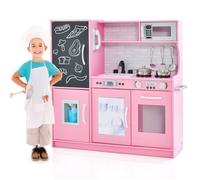 COSTWAY Cuisine Enfants 3 - 6 Ans en Bois avec Téléphone, Tableau Noir, Micro-ondes, Machine de Glaçons, 7 Accessoires Rose