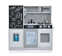 COSTWAY Cuisine Enfants 3 - 6 Ans en Bois avec Téléphone, Tableau Noir, Micro-ondes, Machine de Glaçons, 7 Accessoires Gris