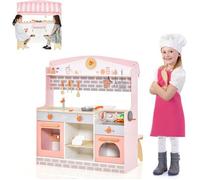 COSTWAY Cuisine Enfants 3-8 Ans, 14 Accessoires, 2 Face : Restaurant à autre côté, Four à rôtir, Barbecue, Auvent réglable