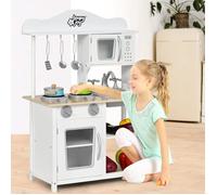 COSTWAY Cuisine Enfants 3 Ans+, 7 Accessoires avec Micro-Ondes et Four en Bois, Son réel, Cadeau pour Garçon et Fille