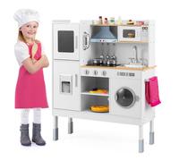 COSTWAY Cuisine Enfants avec 16 Accessoires & 3 Hauteur Réglable, Jeu de Cuisine avec Sons et Lumières, Machine à Glaçons & Téléphone, Jouet d'Imitation pour Tout-Petits de 3 Ans+ (Naturel)