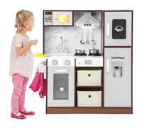 COSTWAY Cuisine Enfants avec 17 Accessoires & Lumière & Effet Sonore, Jeu de Cuisine avec 2 Tiroirs en Tissu & Tableau Noir, Machine à Glaçons pour Enfants de 3 Ans+, 90 x 29 x 90 cm