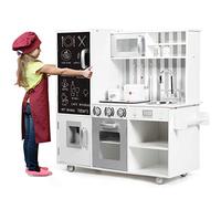 COSTWAY Cuisine Enfants avec 7 Accessoires & Effet Sonore, Cuisiniere Enfants avec Tableau Noir, Réfrigérateur & Distributeur d'eau, Jeu de Cuisine pour Garçons Filles de 3 Ans+