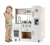 COSTWAY Cuisine Enfants avec Téléphone & Horloge, Cuisiniere Enfants avec Effet Sonore, Distributeur d'eau & Boutons de Simulation, Jeu de Cuisine pour Garçons Filles de 3 Ans+(Naturel)