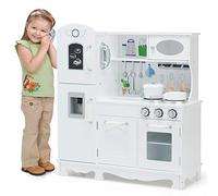 COSTWAY Cuisine Enfants avec Téléphone & Tableau Noir, Cuisiniere Enfants avec Lumière & Effet Sonore, Distributeur d’Eau, Espace de Rangement, Jeu de Cuisine pour Garçons Filles de 3 Ans+(Blanc)