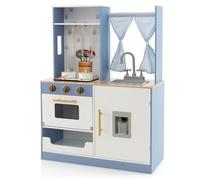 COSTWAY Cuisine Enfants Bleu avec Lumière & Effet Sonore & Rideaux, Jeu de Cuisine en Bois avec 6 Accessoires & Distributeur d'eau, Espace de Stockage, Jouet d’Imitation pour 3 Ans+