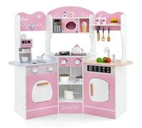 COSTWAY Cuisine Enfants en Bois avec 18 Accessoires & Machine à Café, Cuisine d’Angle Enfants avec Micro-Ondes & Étagères, Lumières et Sons, Jouet d’Imitation pour Tout-Petits de 3 Ans+ (Rose)
