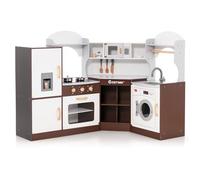 COSTWAY Cuisine Enfants en Bois avec Lumière & Effet Sonore, Jeu de Cuisine d'angle avec 14 Accessoires & Machine à Glaçons, Espace de Stockage, Jouet d’Imitation pour 4 Enfants de 3-10 Ans(Marron)