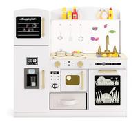 COSTWAY Cuisine Enfants en Bois avec Tableau Noir & Panneau Acrylique | Machine à Glaçons & 9 Accessoires, Tiroir en Tissu & Micro-ondes, Jeu d’Imitation pour Enfant de 3 Ans+