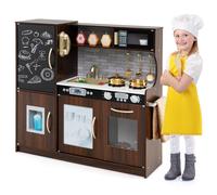 COSTWAY Cuisine Enfants en Bois avec Tableau Noir & Téléphone, Jeu de Cuisine Enfants avec Micro-Ondes & Machine de Glaçons, Jeu d’Imitation pour Enfants de 3-6 Ans, 82 x 24 x 80 cm (Brun)