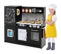 COSTWAY Cuisine Enfants en Bois avec Tableau Noir & Téléphone, Jeu de Cuisine Enfants avec Micro-Ondes & Machine de Glaçons, Jeu d’Imitation pour Enfants de 3-6 Ans, 82 x 24 x 80 cm (Noir)