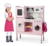 COSTWAY Cuisine Enfants Rose avec 16 Accessoires & 3 Hauteur Réglable, Jeu de Cuisine avec Sons et Lumières, Machine à Glaçons & Téléphone, Jouet d'Imitation pour Tout-Petits de 3 Ans+