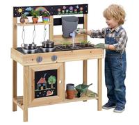 COSTWAY Cuisine Extérieure Enfant avec 2 Éviers & Réservoir d'eau, Cuisine de Boue en Bois de Sapin avec Tableau Noir et Accessoires, Étagère de Rangement, Jeu d'Imitation Boueuse pour 3 Ans+