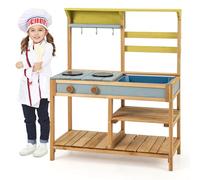 COSTWAY Cuisine Extérieure Enfant avec Évier & Poêles Doubles, Cuisine de Boue en Bois de Sapin avec Bouton Rotatif, Étagère de Rangement, Cuisine Boueuse pour 3 Ans+, 75 x 36 x 92 cm