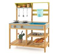 COSTWAY Cuisine Extérieure Enfant avec Évier & Poêles Doubles, Cuisine de Boue en Bois de Sapin avec Réservoir d'eau et Accessoires, Étagère de Rangement, Jeu d'Imitation Boueuse pour 3 Ans+