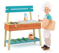 COSTWAY Cuisine Extérieure Enfant avec Grille de Barbecue, Système de Circulation d'eau, Cuisine en Bois Enfant avec Aliments, Brochettes, Bouton Rotatif, Jeu d'Imitation de Boue pour 3-8 Ans