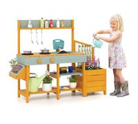 COSTWAY Cuisine Extérieure Enfant avec Jardinière & Treillis, Cuisine Enfant en Bois avec Robinet & Bac à Eau, Évier Amovible, Cuisinières, Étagères, Accessoires pour 3 à 8 Ans (Orange)