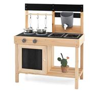 COSTWAY Cuisine Extérieure Enfant avec Tableau Noir & 2 Éviers Amovibles, Cuisine de Boue en Bois de Sapin avec 5 Ustensiles & Étagère, Jeu d'Imitation Boueuse pour Enfant de 3 Ans+