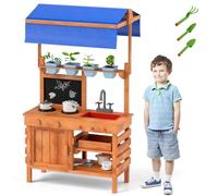 COSTWAY Cuisine Extérieure Enfant avec Tableau Noir, 4 Tasses de Plantation, 3 Outils de Boue en Sapin, Auvent Réglable, Évier & Tiroir pour 3 Ans+, 136x77x56,5cm