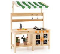 COSTWAY Cuisine Extérieure Enfant avec Tableau Noir & Auvent, Jeu en Bois de Sapin avec 4 Accessoires & 4 Cuisinières, Boutons Rotatifs & Étagère de Boue pour Enfant de 3 Ans+