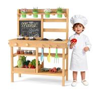 COSTWAY Cuisine Extérieure Enfant avec Tableau Noir et 4 Pots, Cuisine de Boue en Bois de Sapin avec 2 Éviers Amovible et 3 Accessoires, Étagère, Cuisinières, Jeu d'Imitation Boueuse pour 3 Ans+