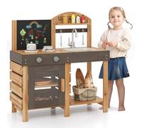 COSTWAY Cuisine Extérieure Enfant avec Tableau Noir & Four, Cuisine de Boue en Bois avec Évier & Robinet, 5 Accessoires, Étagère de Rangement, Jouet de Simulaiton pour Enfant de 3 Ans+