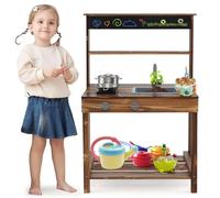 COSTWAY Cuisine Extérieure Enfant avec Tableau Noir & Poêle, Cuisine Boueuse en Bois de Sapin avec Robinet & Évier, Espace de Rangement, Jeu de Simulation pour 3-7 Ans, 65 x 40 x 96 cm