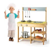 COSTWAY Cuisine Extérieure Enfant en Bois avec Évier Amovible et Bouton Rotatif, Cuisine de Boue avec 2 Pots et 3 Crochets Suspendus, Étagère Ouverte, Cuisine Boueuse pour Enfants de 3 Ans+