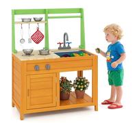 COSTWAY Cuisine Extérieure Enfant en Bois avec Évier et Robinet, Cuisine de Boue avec Bouton Rotatif et Four et Accessoires Riches, Étagère Ouverte, Cuisine Boueuse pour Enfant de 3 Ans+