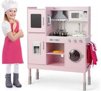 COSTWAY Cuisine jouet avec hotte aspirante, machine à glaçons, téléphone, 16 accessoires, vrais sons et lumières, kit de cuisine jouet en bois pour les jeunes enfants à partir de 3 ans, rose